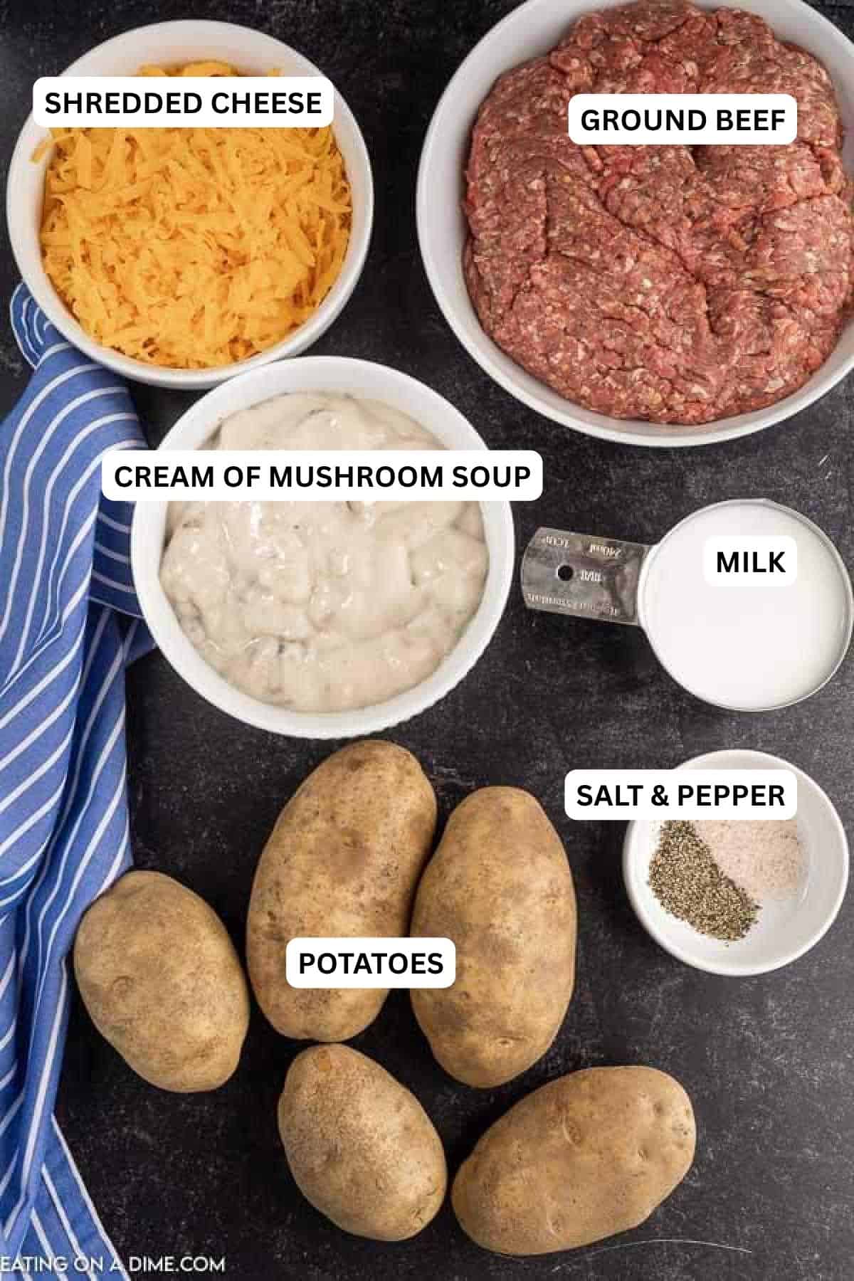 Ingredients for recipe: cream of mushroom soup, milk, salt & pepper, potatoes, ground beef. 