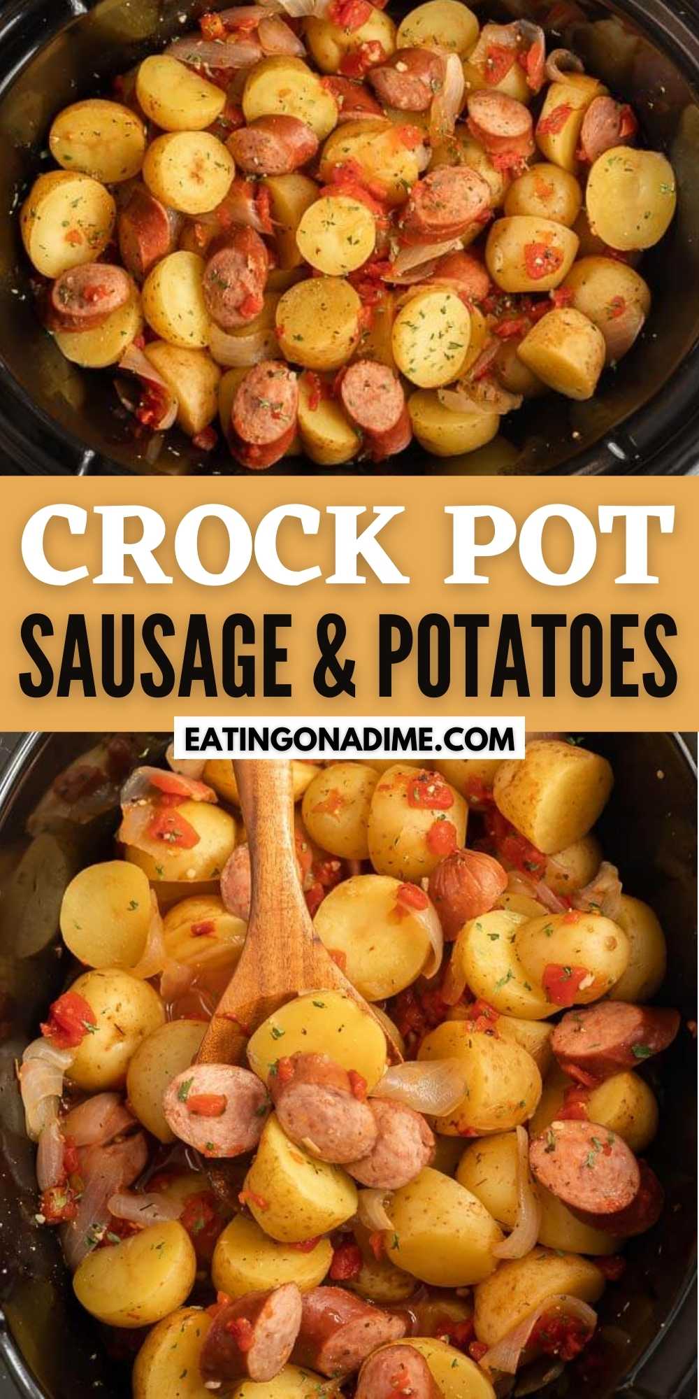 Your family will love this simple Crock Pot Sausage and Potatoes recipe. Toss everything into the crockpot for a tasty dinner everyone will enjoy. You will love this slow cooker recipe.  It’s one of my favorite easy recipes.  #eatingonadime #crockpotrecipes #slowcookerrecipes #sausagerecipes 
