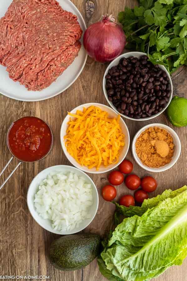 Ingredients needed - ground beef, onion, salsa, taco seasoning, black beans, lettuce, cherry tomatoes, red onion, avocado, cilantro, tortilla chips, sour cream