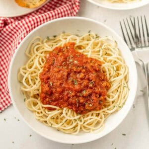 A bowl of spaghetti topped with a rich homemade tomato sauce, garnished with herbs. The dish rests on a table with a red and white checkered cloth nearby, evoking the charm of a homemade spaghetti sauce recipe. A fork and spoon sit beside the inviting bowl.
