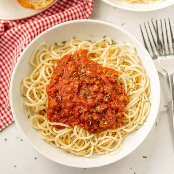 A bowl of spaghetti topped with a rich homemade tomato sauce, garnished with herbs. The dish rests on a table with a red and white checkered cloth nearby, evoking the charm of a homemade spaghetti sauce recipe. A fork and spoon sit beside the inviting bowl.