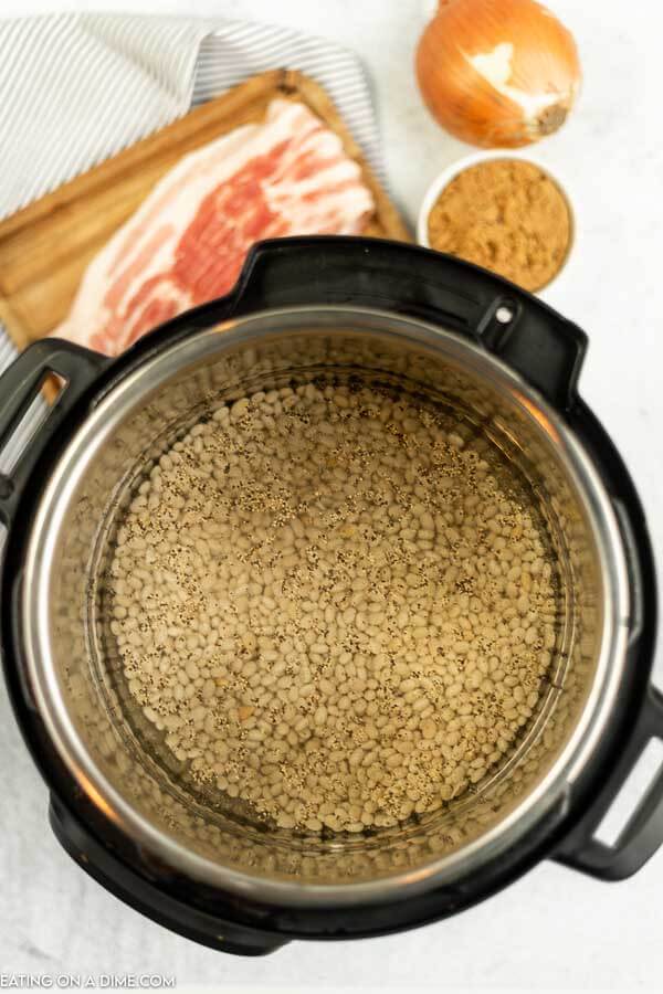 Close up image of dry beans in the instant pot with water. 