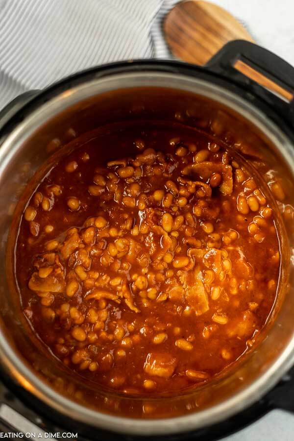 Close up image of baked beans in an instant pot. 