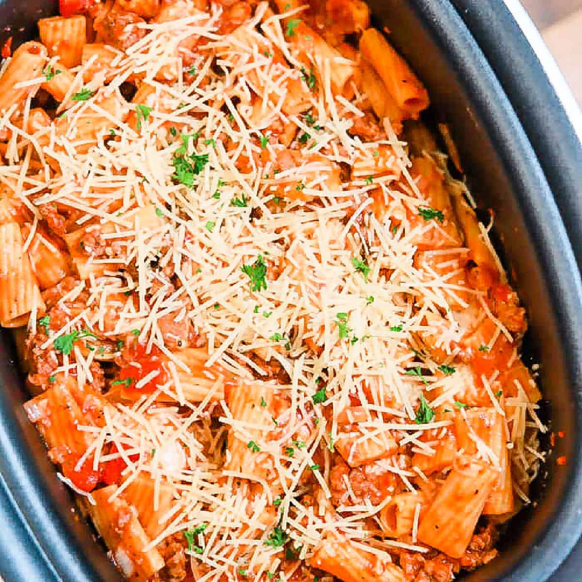 Close up image of Italian Sausage Rigatoni in the crock pot. 