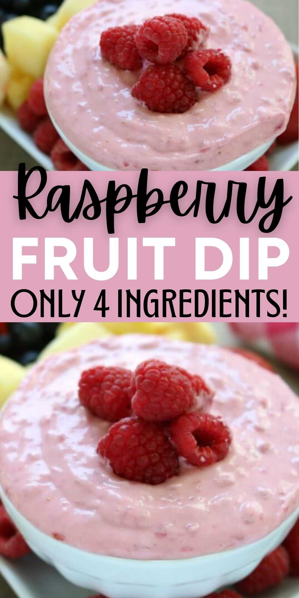 Learn how to make this easy and delicious Raspberry fruit dip recipe. You only need 4 ingredients to make Raspberry cream cheese dip recipe. It goes well with any fruit and is sure to be a hit! Serve Raspberry cream cheese fruit dip recipe at parties, BBQ's and more. It's the perfect snack anytime! #eatingonadime #diprecipes #fruitrecipes #dessertdips 

