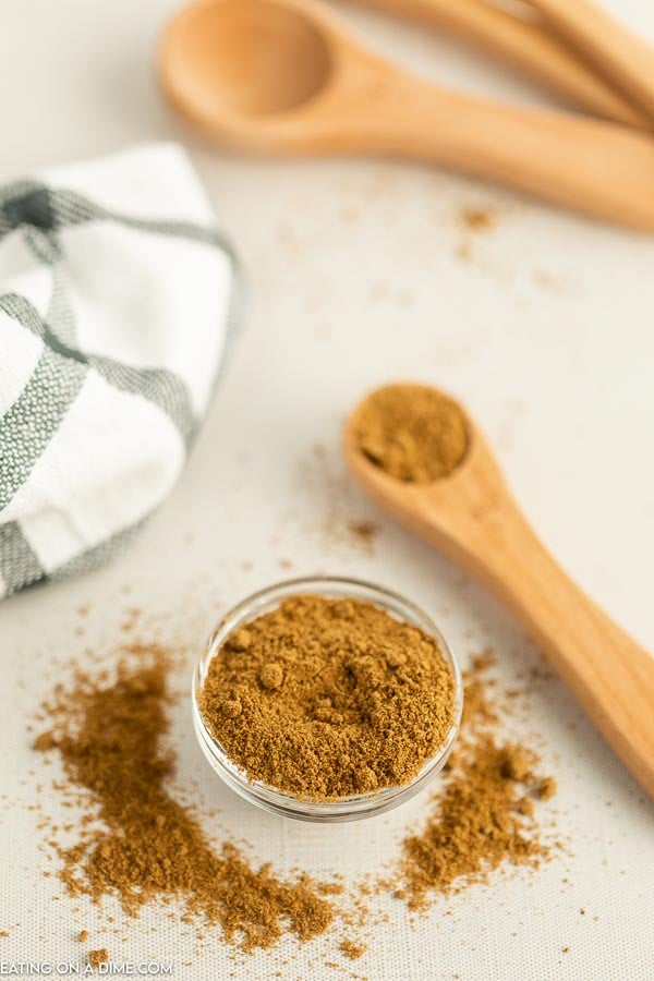 Close up image of ground cumin in a jar with a teaspoon of ground cumin. 
