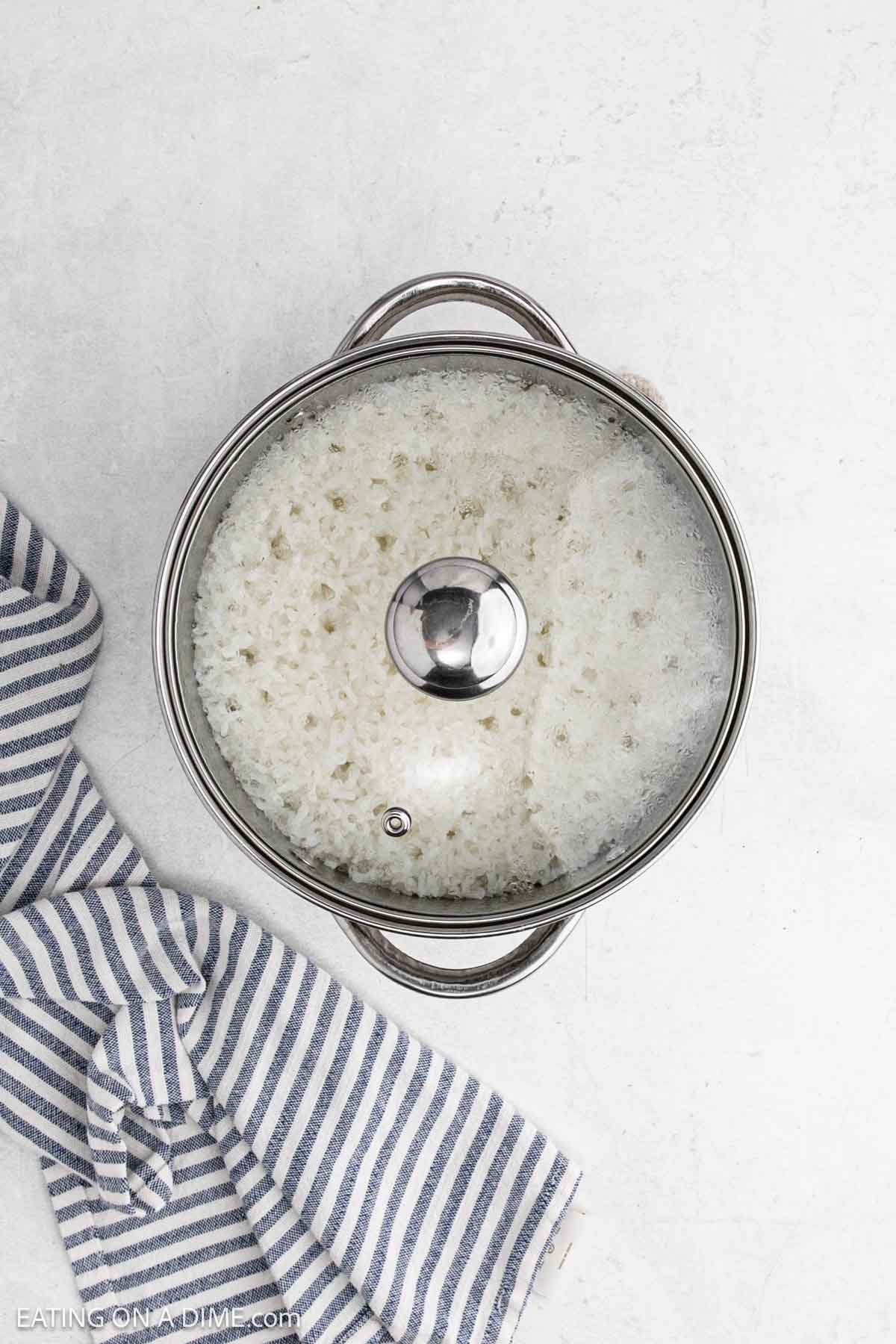Cook rice in a large pot topped with a lid.