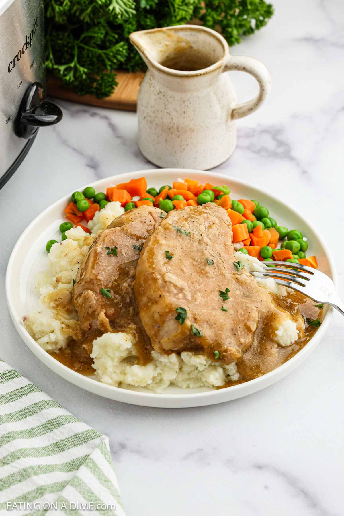 Pork Chops with gravy on top over mashed potatoes and mixed veggies on the side