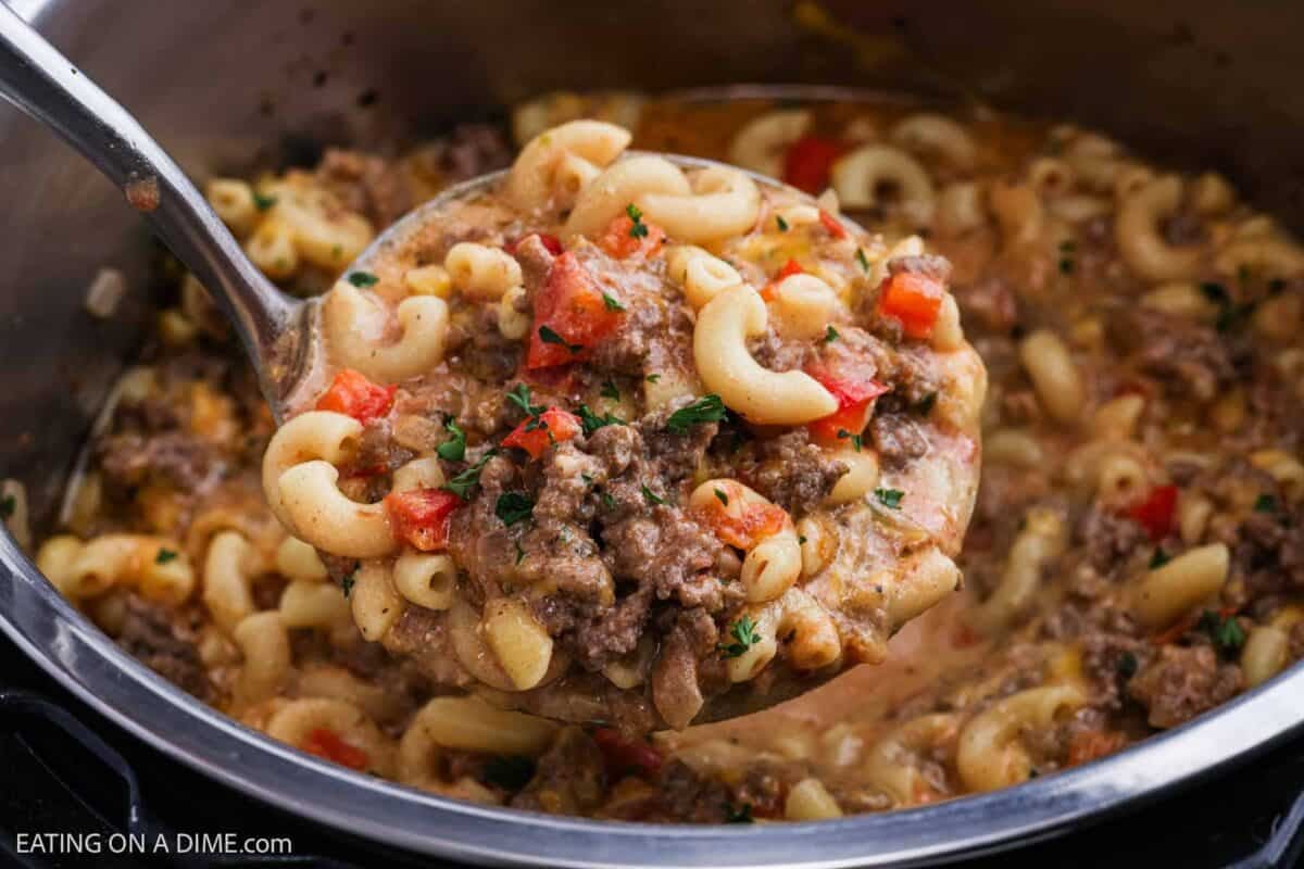 A serving of Hamburger Helper on a ladle coming out of the Instant Pot.