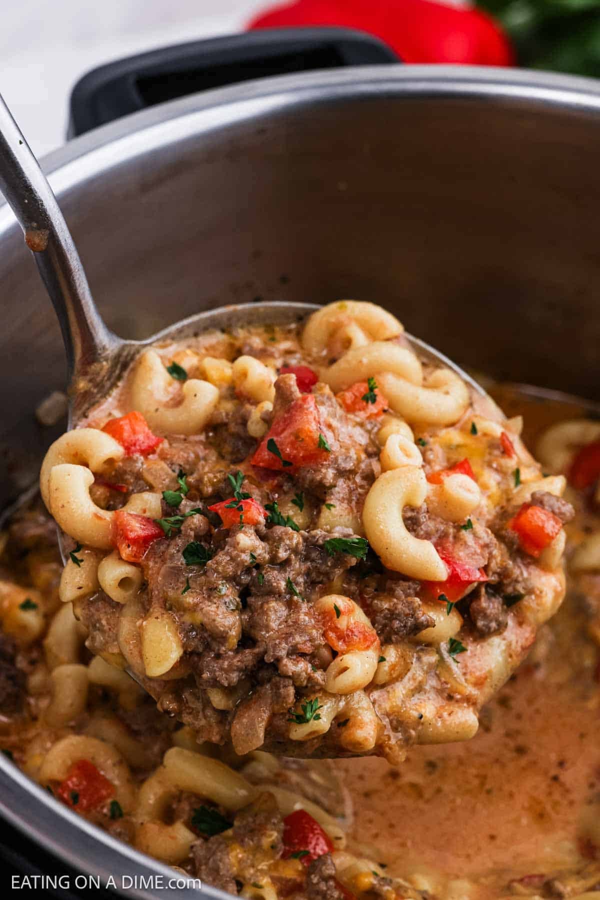 A serving of the recipe on the ladle ready to serve.