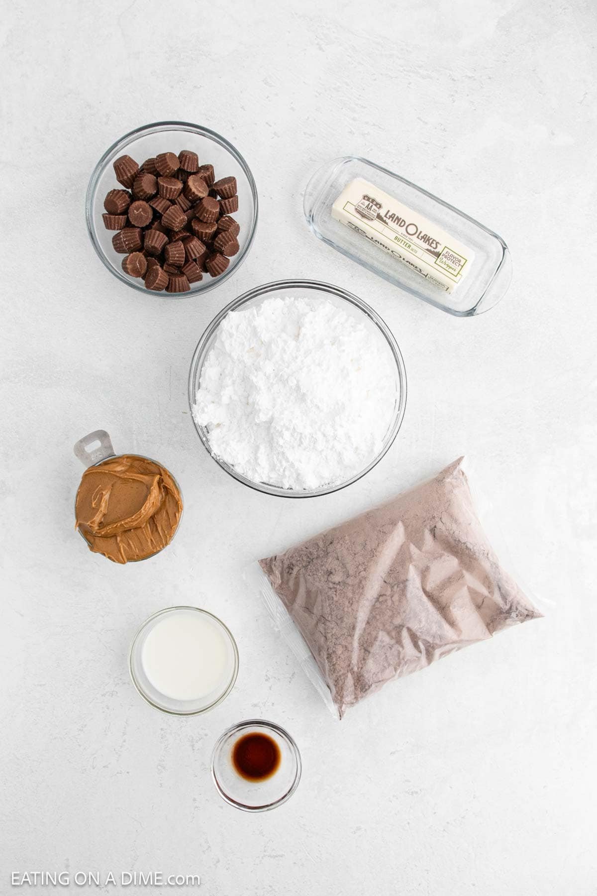Ingredients - Chocolate Cake Mix, vanilla, peanut butter, powdered sugar, stick of butter and mini reese's peanut butter cup
