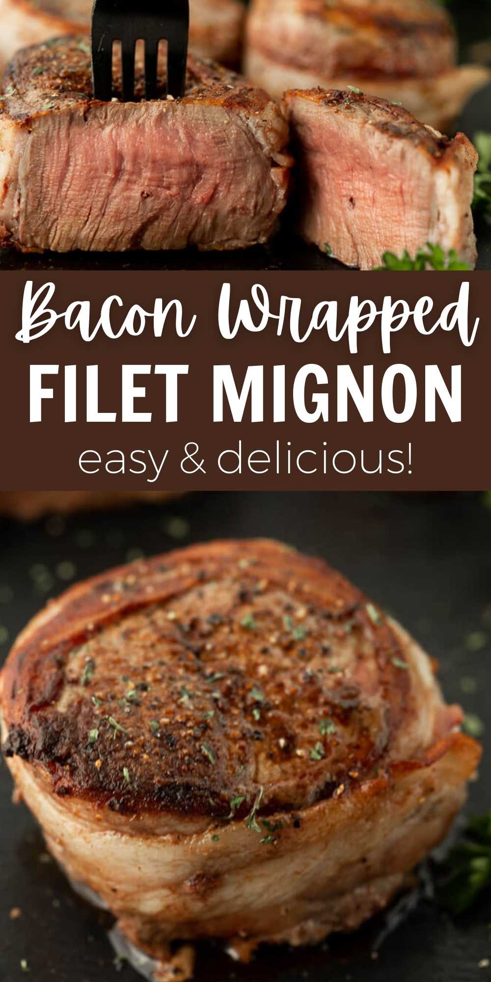 Learn how to cook a bacon wrapped filet mignon perfectly with a cast iron pan.  Learn how to sear the steak and then finish in the oven for a perfectly cooked filet mignon every time.  #eatingonadime #steakrecipes #beefrecipes #stovetoprecipes #ovenrecipes 
