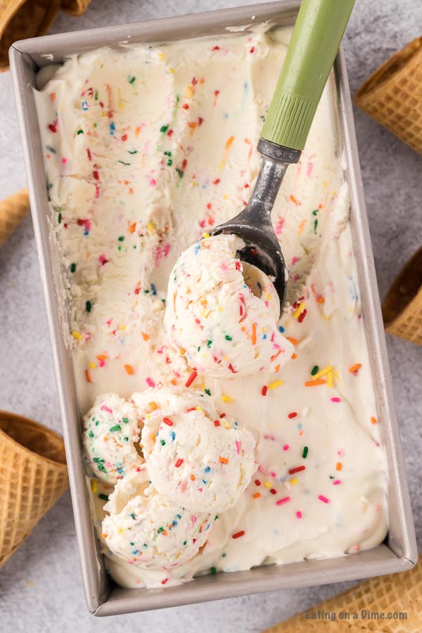 Birthday Cake Ice Cream in a loaf pan with a serving on a ice cream scoop. 