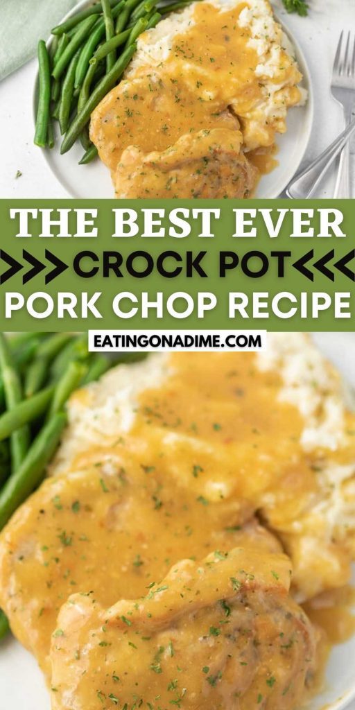 Easy Crock Pot Pork Chops is such a simple recipe. This Easy Pork Chop recipe with cream of chicken soup comes out tender and delicious. This is a family favorite. Everyone loves these slow cooker pork chops with gravy recipe. #eatingonadime #crockpotrecipes #slowcookerrecipes #porkrecipes 
