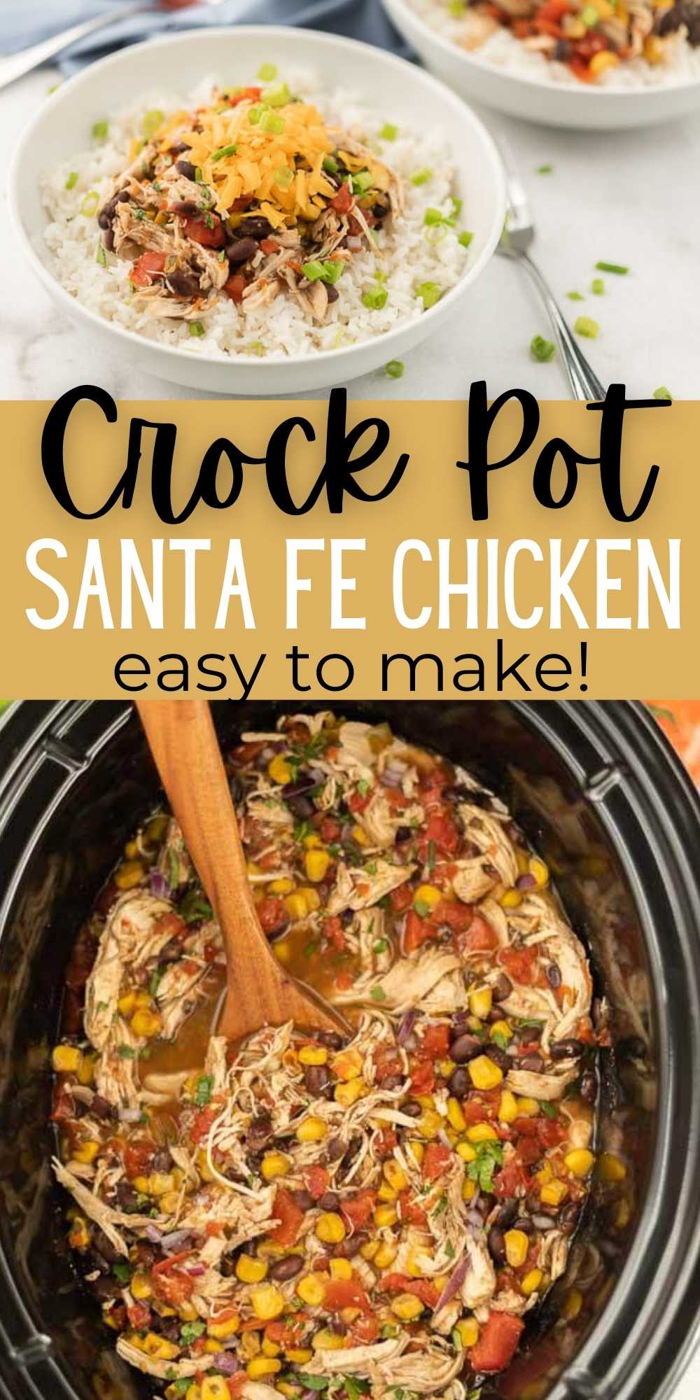 Dinner is a breeze when you make Crock Pot Santa Fe Chicken Recipe. Loaded with chicken, beans and more, this recipe is simple to make. You will love this easy, healthy slow cooker Santa Fe chicken recipe.  #eatingonadime #crockpotrecipes #slowcookerrecipes #chickenrecipes #healthyrecipes 
