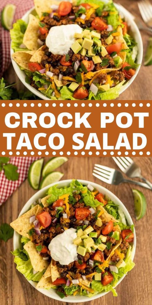 Crock Pot Taco Salad Recipe is perfect for busy weeknights. You can enjoy this meal with very little work and hardly any clean up. You are going to love this easy crock pot beef and black bean taco salad recipe. #eatingonadime #beefrecipes #crockpotrecipes #slowcookerrecipes #tacosalads  
