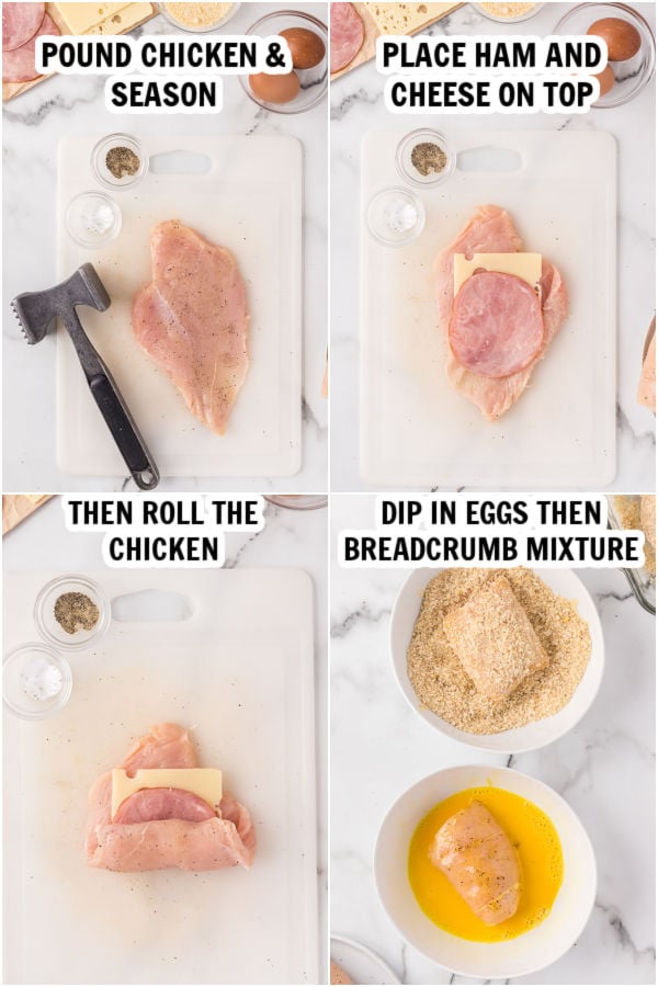 The process of rolling the chicken and placing in the breadcrumbs. 