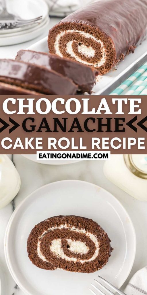 Chocolate Ganache Cake Roll recipe looks so pretty and tastes amazing. Impressive your family with this easy Swiss Cake Roll Recipe. This recipe is perfect for Christmas, Easter or any time of the year.  #eatingonadime #dessertrecipes #chocolaterecipes #cakerecipes #cakeroll 
