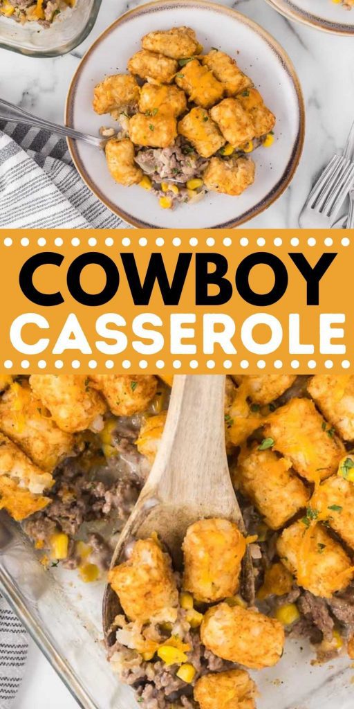 Cowboy Casserole is an easy dinner that the entire family will love with ground beef, corn, cheddar cheese and sour cream topped with crispy tater tots. This family friendly dinner is simple to make and packed with flavor too! #eatingonadime #casserolerecipes #groundbeefrecipes #easydinners #tatortotrecipes 
