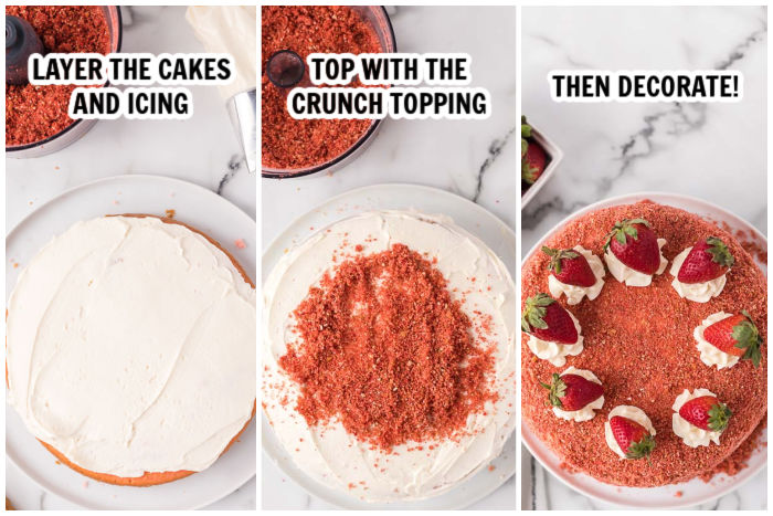 The process of topping the Strawberry Crunch Cake