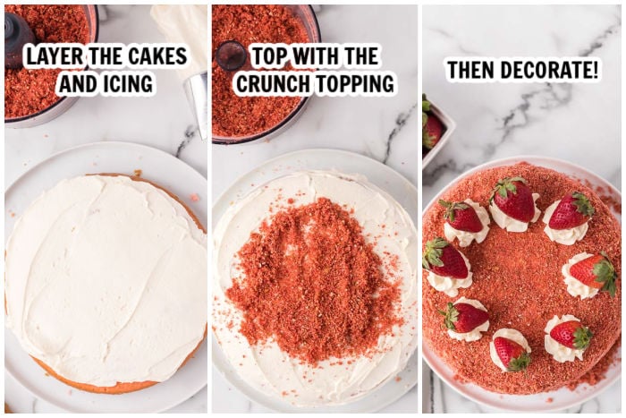 The process of topping the Strawberry Crunch Cake