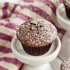 A mini brownie bite topped with powdered sugar on a small white pedestal.