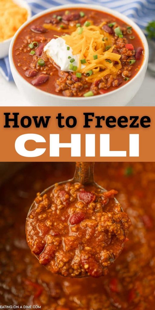 Have you ever made too much chili and wondered, Can you freeze chili? Use these steps to ensure you don't lose the flavor of your chili. Learn the best way to freeze your leftover chili.  #eatingonadime #freezertips #kitchentips #chili 
