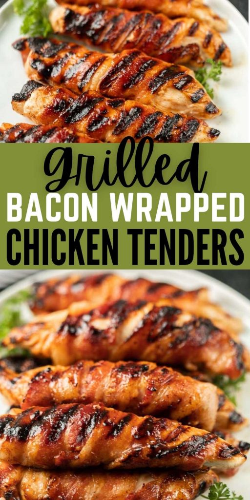 Make these amazing Grilled Bacon Wrapped Chicken Tenders for an easy meal idea. It only takes 4 ingredients and they are sure to be a crowd pleaser. You are going to love this easy grilled chicken recipe.  #eatingonadime #chickenrecipes #grillingrecipes 
