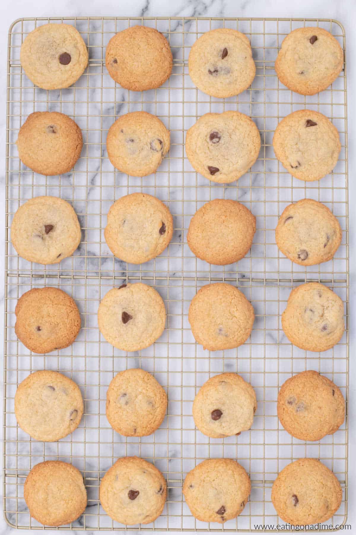 Baked chocolate chip cookies on a wire rack.
