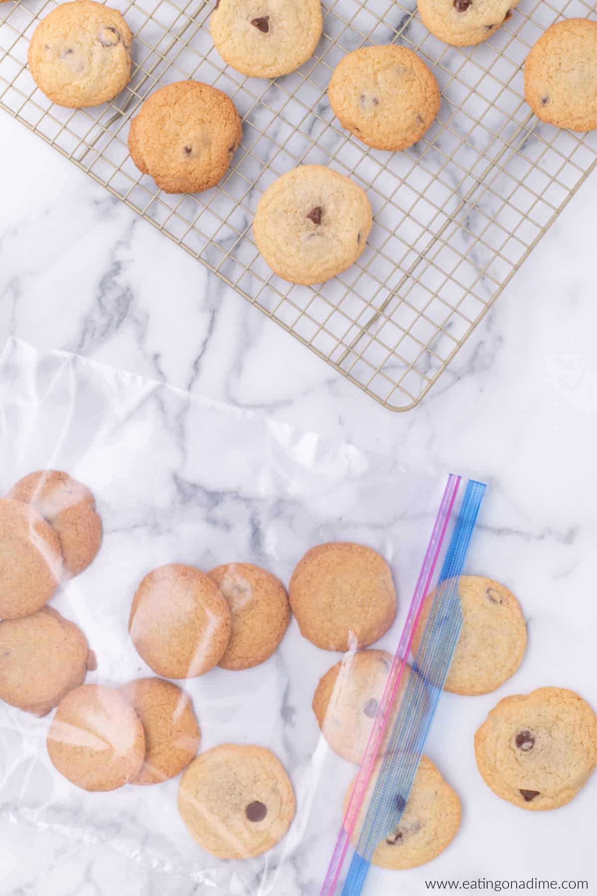 Chocolate chip cookies placed in a large zip lock bag.