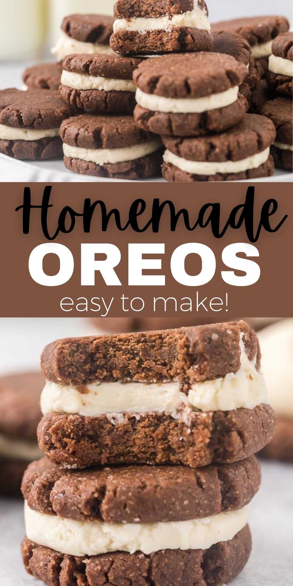 Try this easy Homemade Oreo Cookies recipe for anyone who loves Oreos. These Homemade Oreos taste even better than the store bought ones.  These chocolate cookies filled with cream filling tastes amazing and are simple to make too!  #eatingonadime #cookierecipes #oreorecipes 
