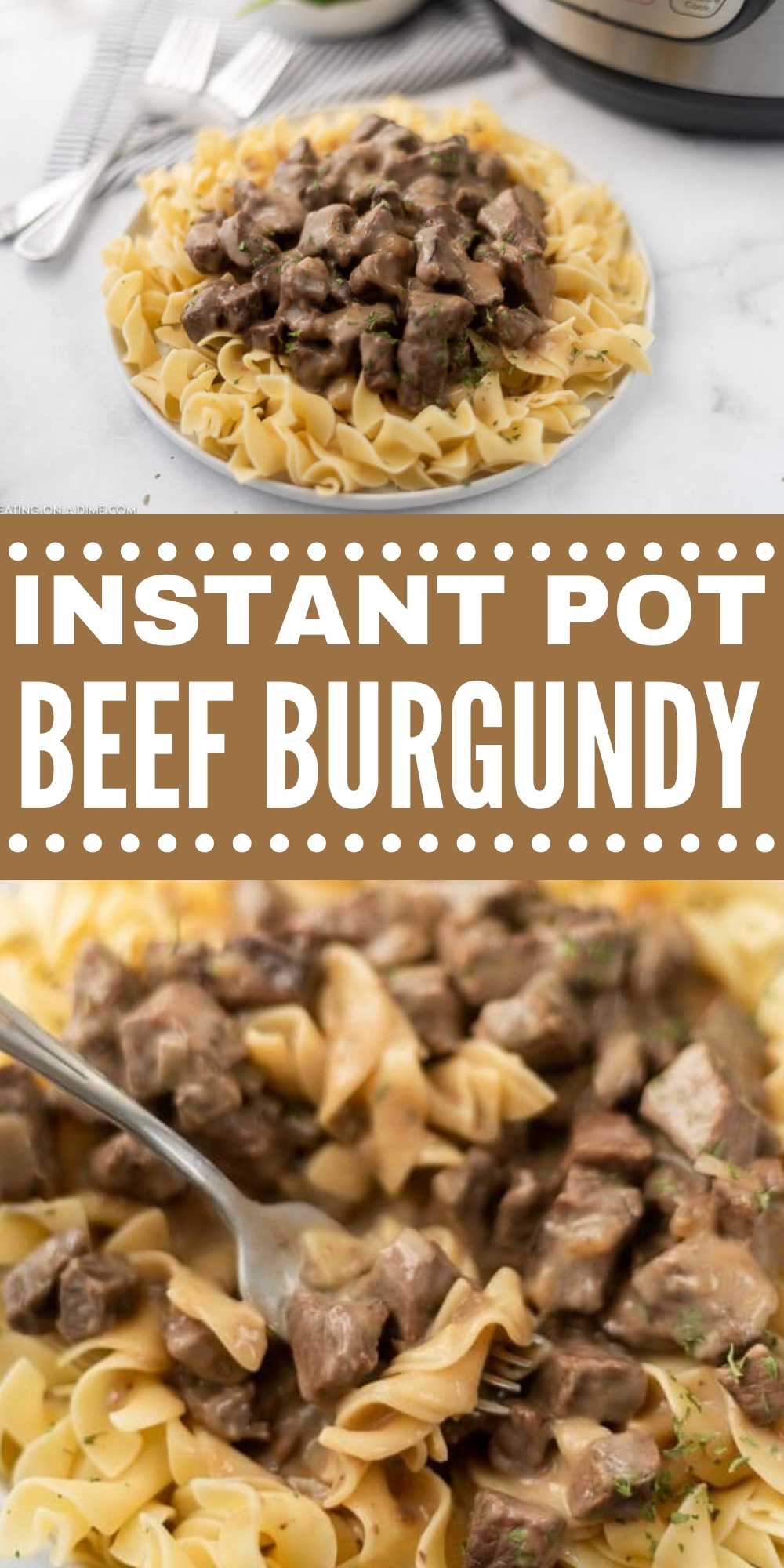 Instant Pot Beef Burgundy Recipe is so simple to make. You only need 4 ingredients and 20 minutes to get Beef Burgundy recipe on the table. The entire family will love this Instant Pot Beef Burgundy Stew Recipe.  #eatingonadime #instantpotrecipes #pressurecookerrecipes #beefrecipes #beefburgundy 
