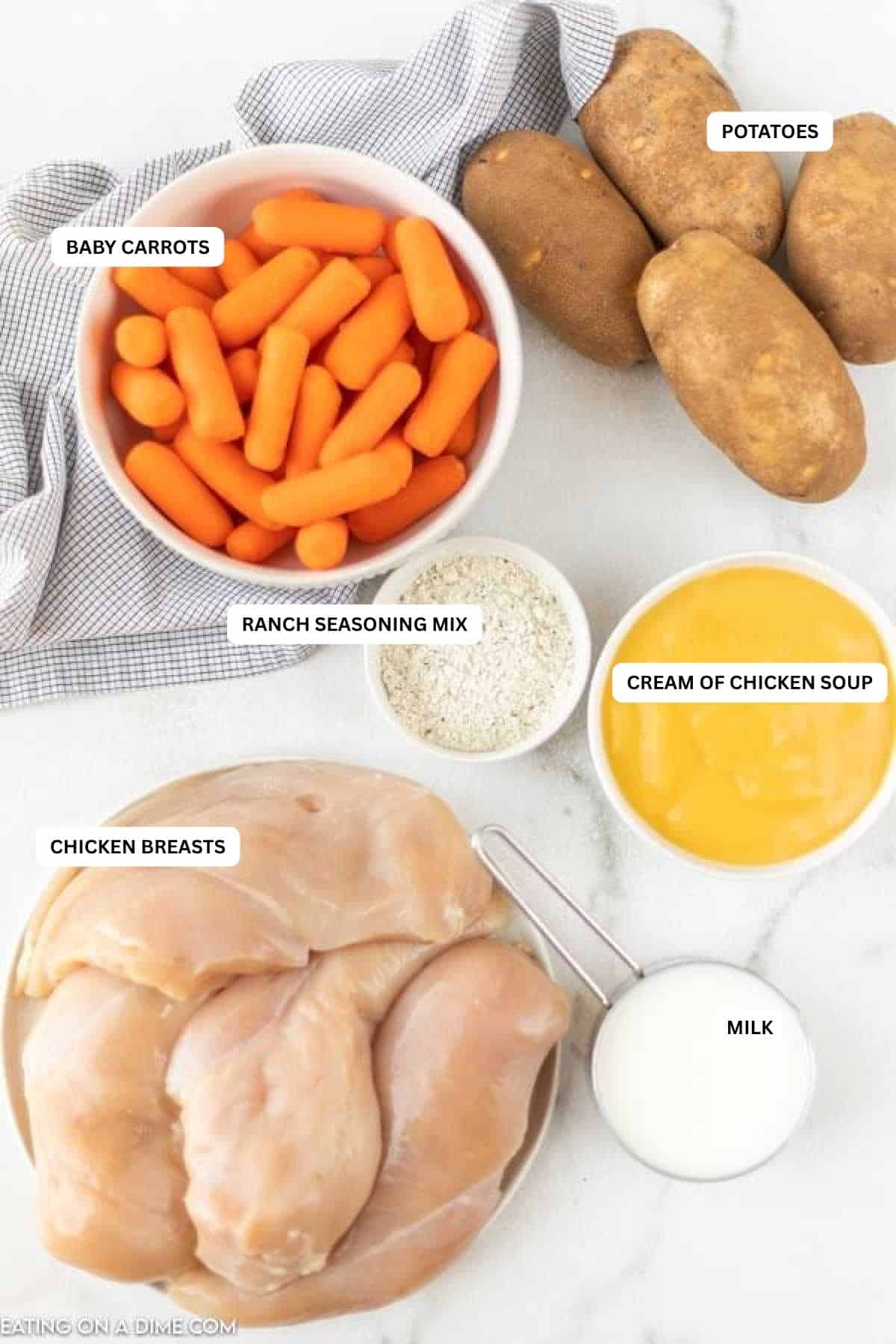 Creamy Ranch Chicken Instant Pot Recipe is so simple and ready in minutes. Dinner is easy when you make this Creamy ranch chicken pressure cooker recipe. Ingredients for recipe: potatoes, baby carrots, ranch, cream of chicken soup, chicken breasts and milk.