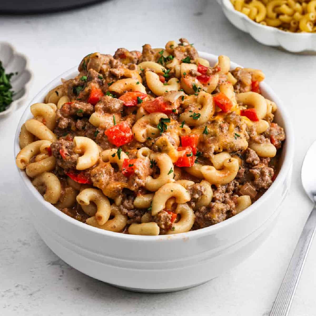 A serving of hamburger helper in a bowl.