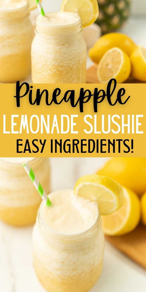 Pineapple Lemonade Slushie Recipe is perfect to beat the heat. Lemonade punch is so refreshing and perfect to serve at your next party. You will love this easy slushie recipe that is perfect for any time of the year.  #eatingonadime #drinkrecipes #pineapplerecipes #slushierecipes 
