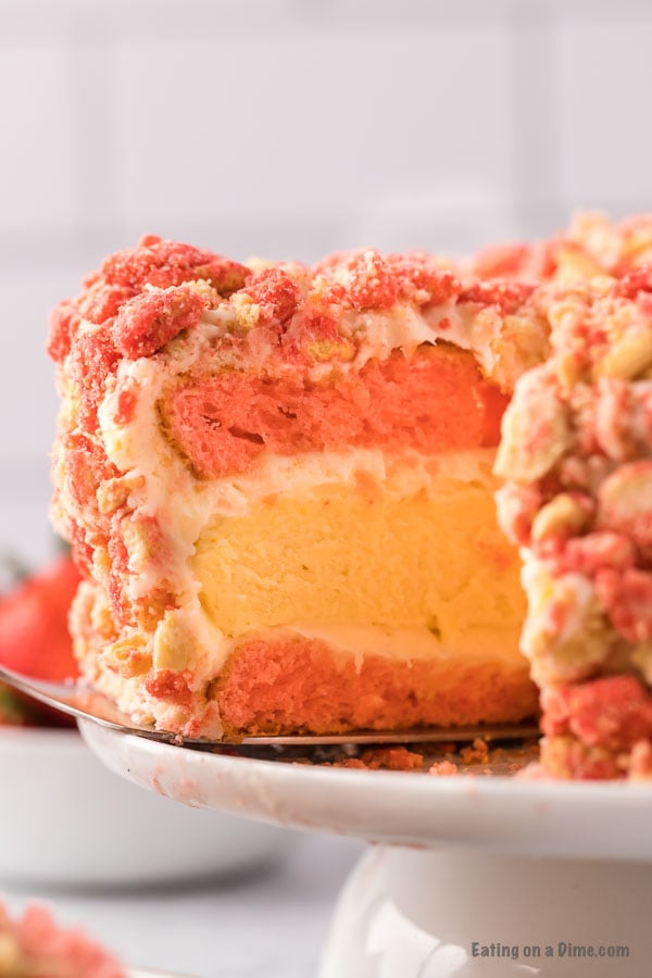 Close up image of a slice Strawberry Shortcake Cheesecake