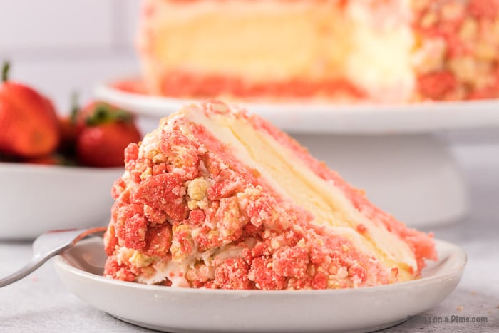 Close up image of a slice Strawberry Shortcake Cheesecake