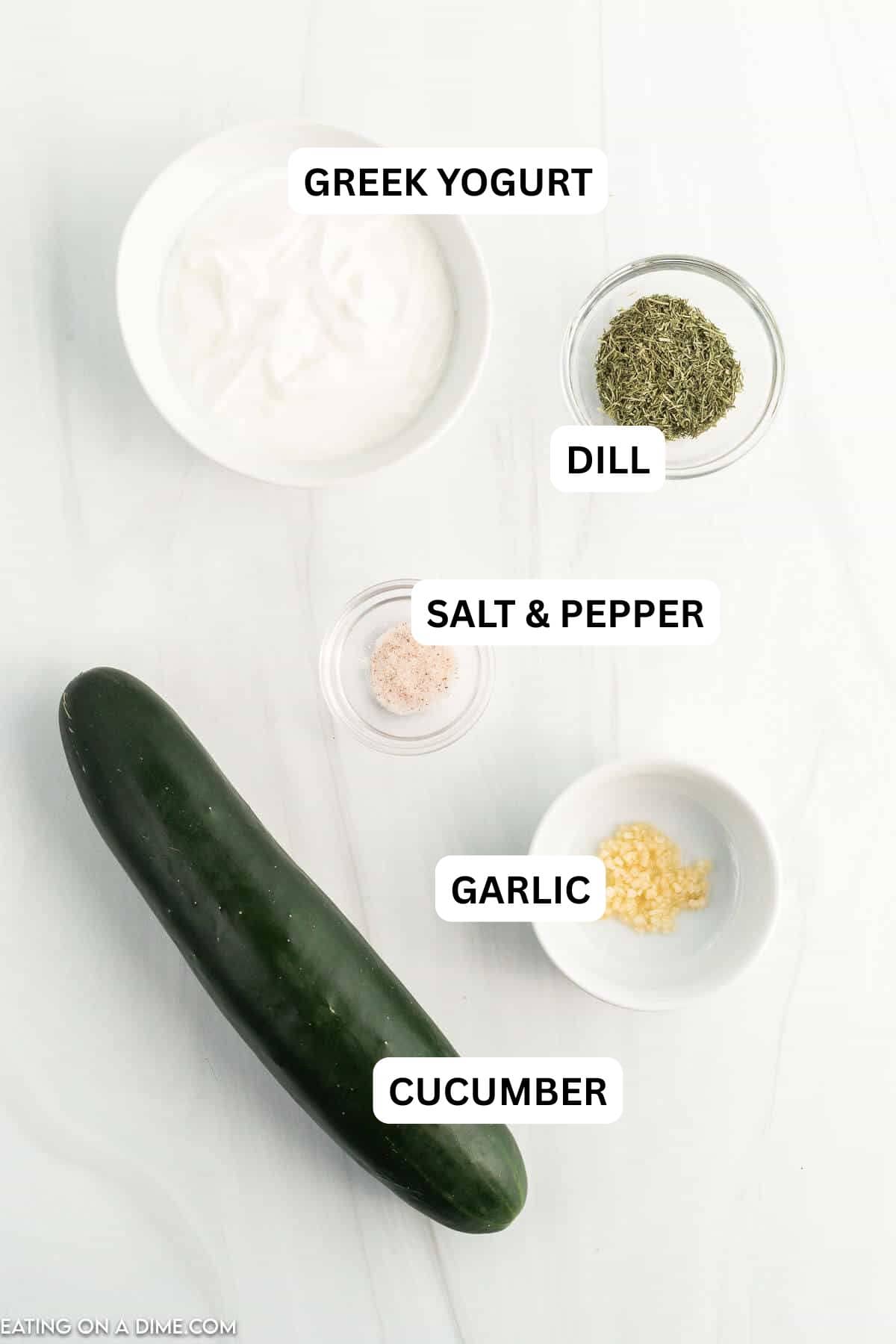 Ingredients for recipe: Greek Yogurt, cucumber, dill, salt, pepper, garlic.