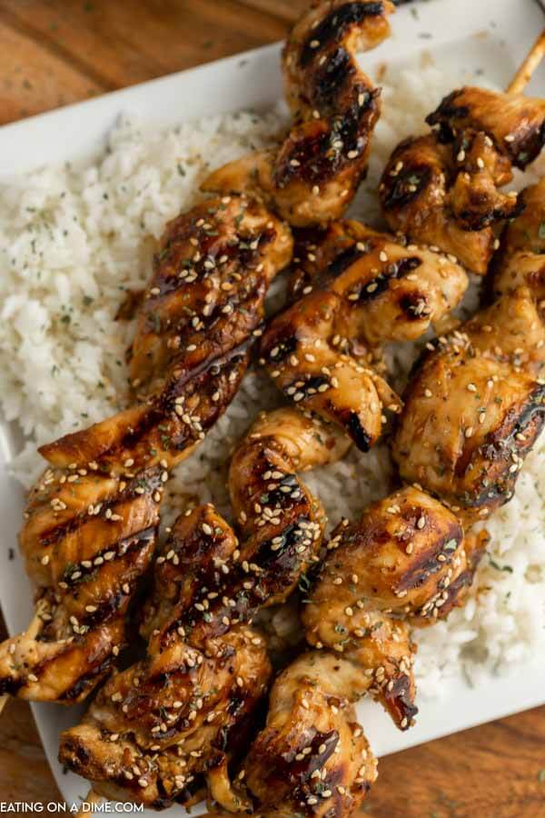 Chicken on a stick on rice on a plate. 