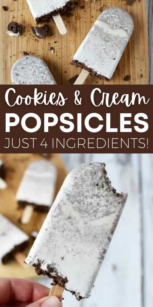Cookies and cream popsicles are so creamy and delicious. Homemade Oreo popsicles are easy to make. This is such a yummy ice cream popsicle recipe.  You only need 4 ingredients to make these delicious popsicles. #eatingonadime #popsiclerecipes #oreorecipes #dessertrecipes #easydesserts 
