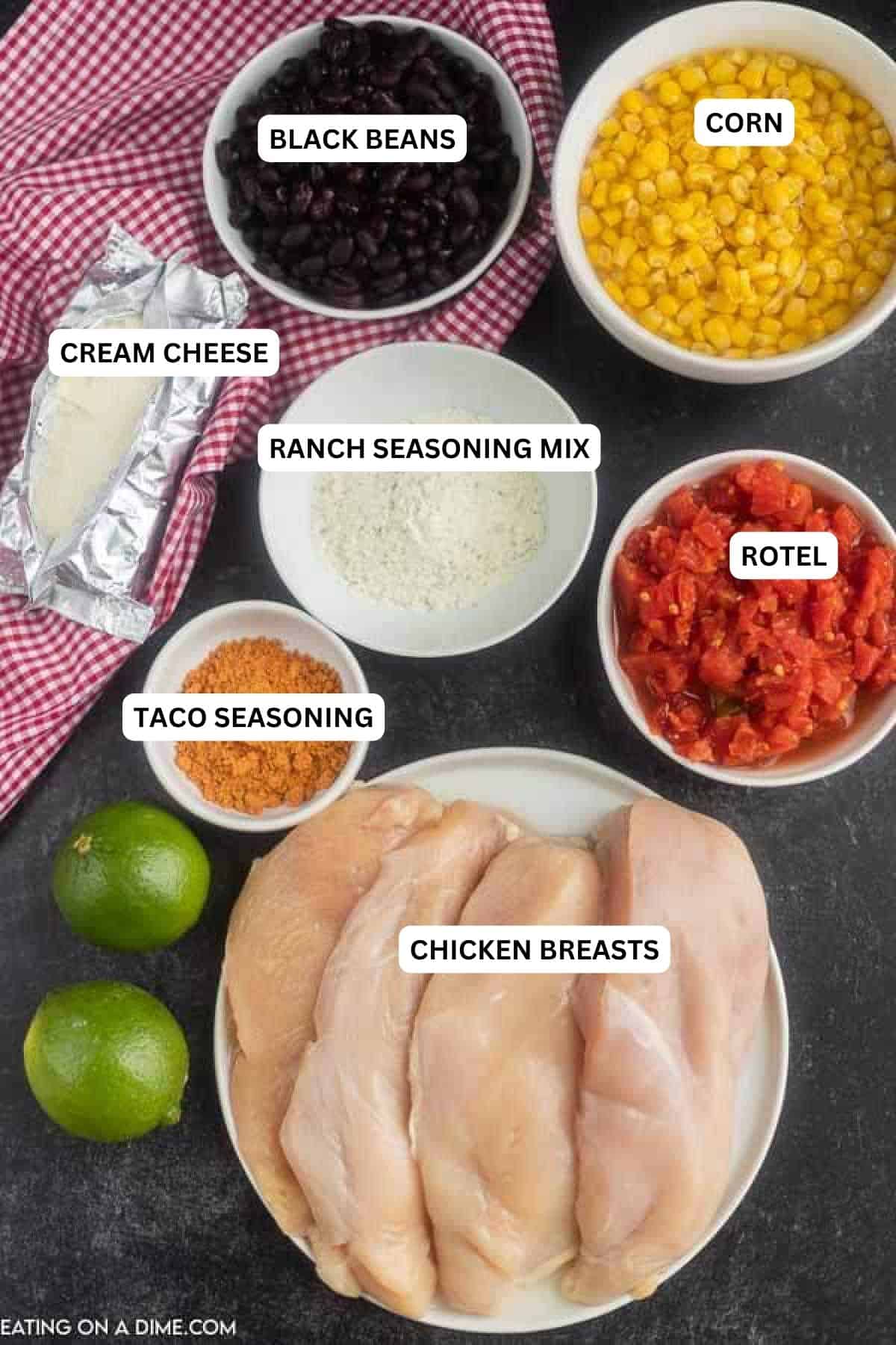 Ingredients for recipe: black beans, corn, cream cheese, ranch seasoning mix, rotel, taco seasoning and chicken breasts. 