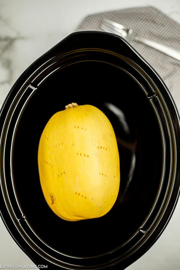 Whole spaghetti squash poked and in the crock pot. 