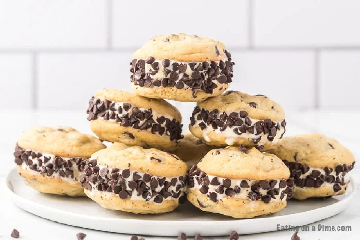 Ice cream sandwiches on a white plate.