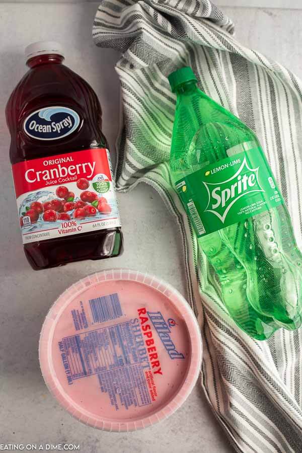 Ingredients needed - raspberry sherbet, sprite, cranberry juice