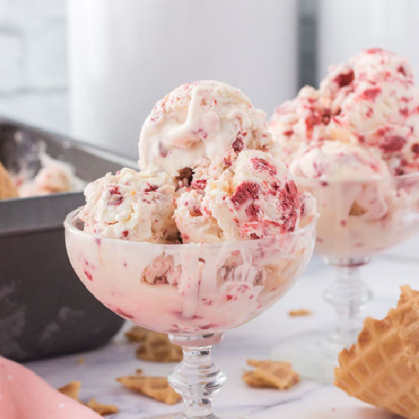 Close up image of red velvet ice cream in a serving dish