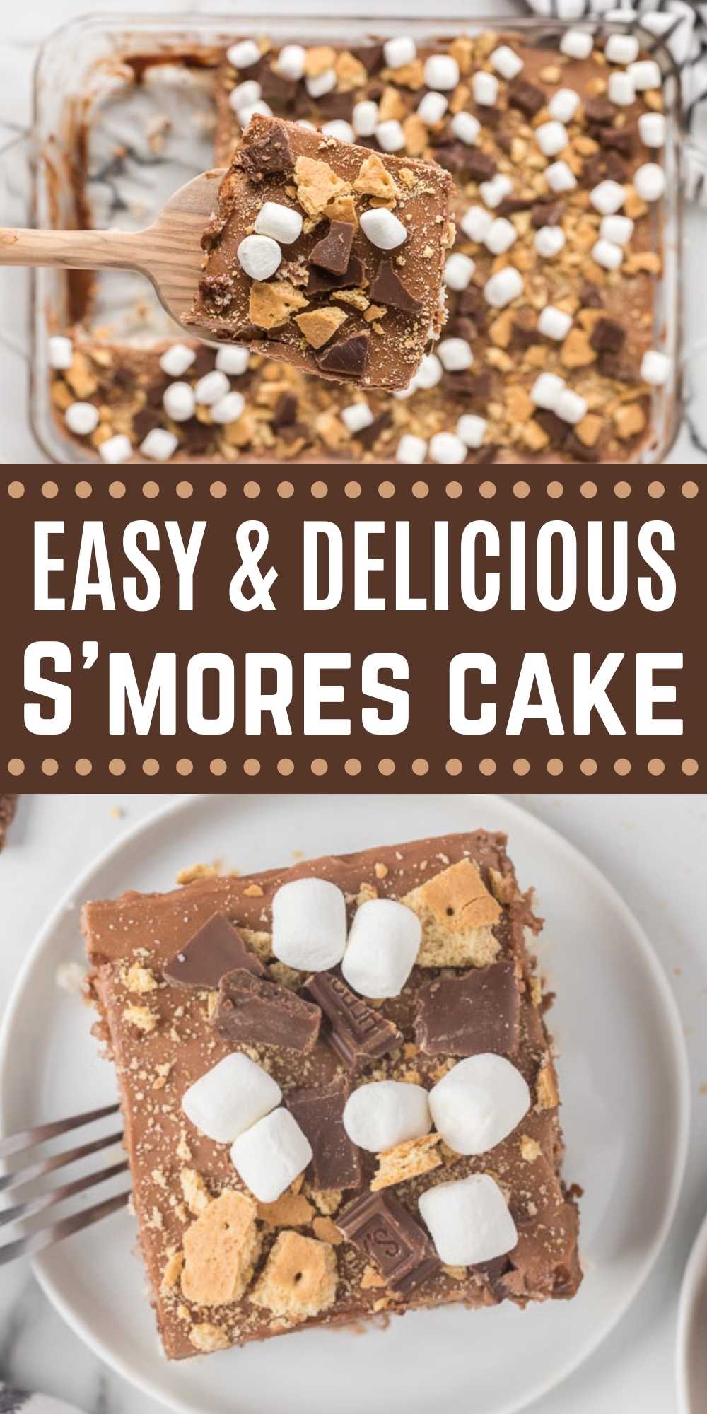 This S'mores cake recipe will be a hit! It's moist and delicious. S'mores poke cake is loaded with chocolate, marshmallow creme and more! You are going to love this easy to make s’mores poke cake recipe.  #eatingonadime #cakerecipes #easyrecipes #smoresrecipe 
