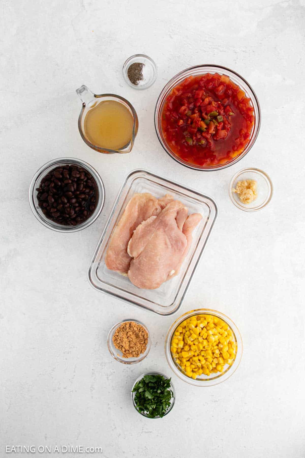 Ingredients - Chicken Breasts, diced tomatoes, corn, black beans, minced garlic, taco seasoning, cilantro, pepper, salt chicken broth