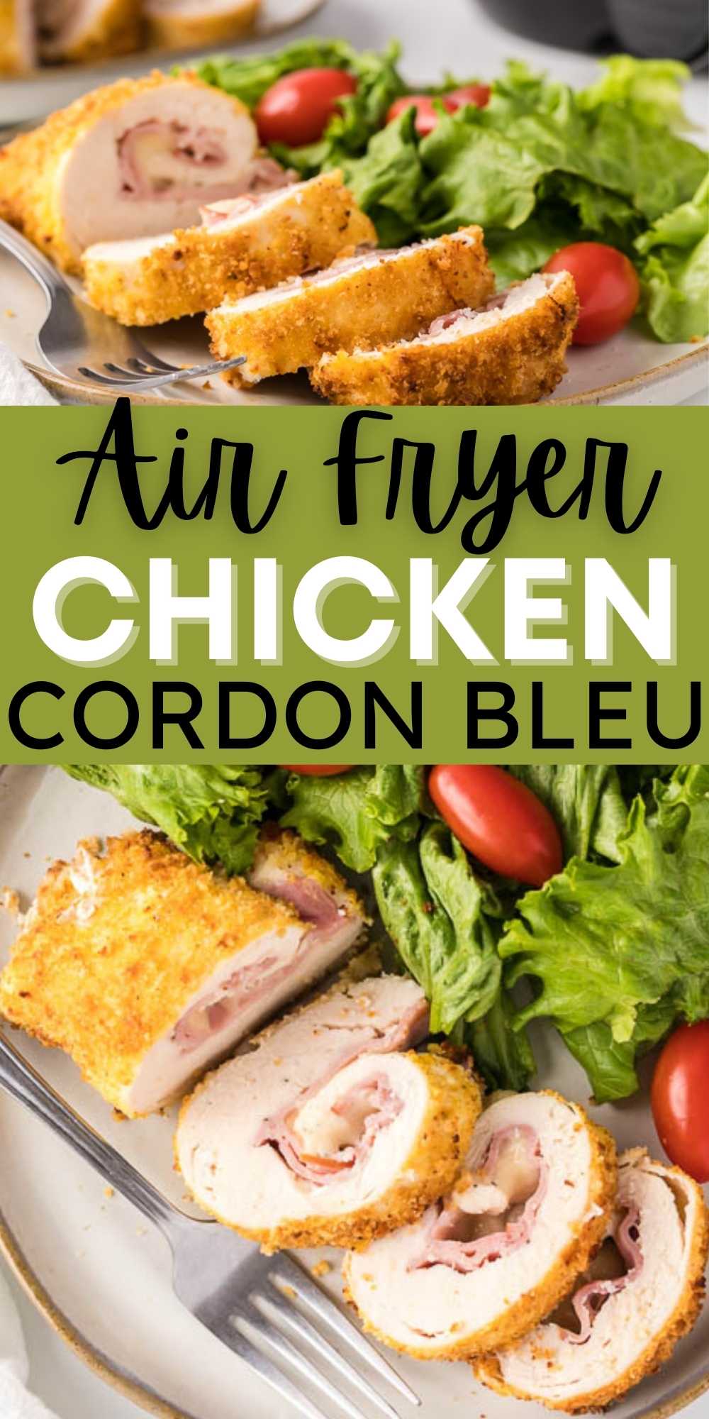 Air Fryer Chicken Cordon Bleu is a great way to jazz up a chicken. It has layers of ham and Swiss cheese and is air fried to perfection. This Chicken Cordon Bleu is healthy when made in the air fryer and it’s still super easy to make too.  #eatingonadime #airfryerrecipes #chickenrecipes #chickencordonbleu 
