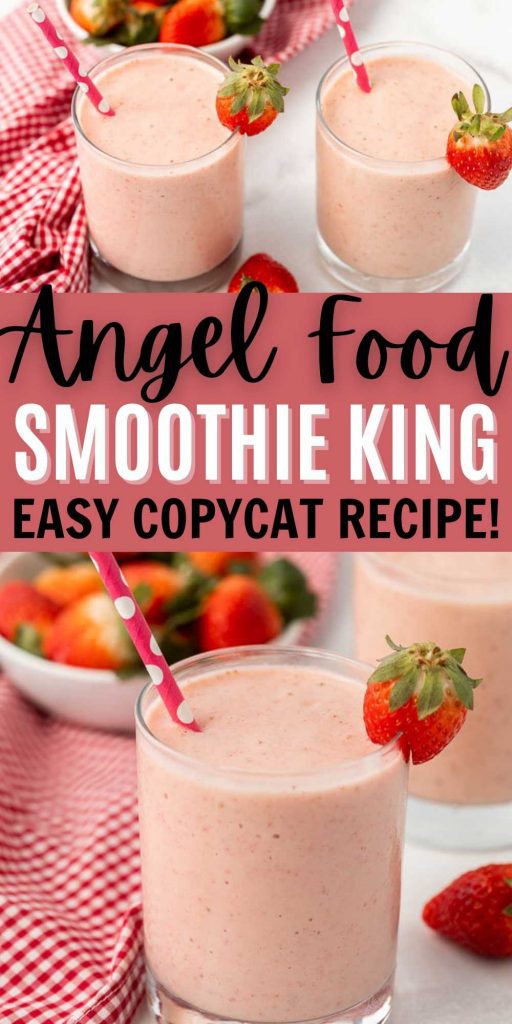 Angel Food Smoothie King Recipe is so easy to make and taste amazing. Make this copycat smoothie at home at a fraction of the cost. This Smoothie King copycat Angel Food recipe is easy to make and SO delicious too.  #eatingonadime #copycatrecipes #smoothierecipes #strawberryrecipes 

