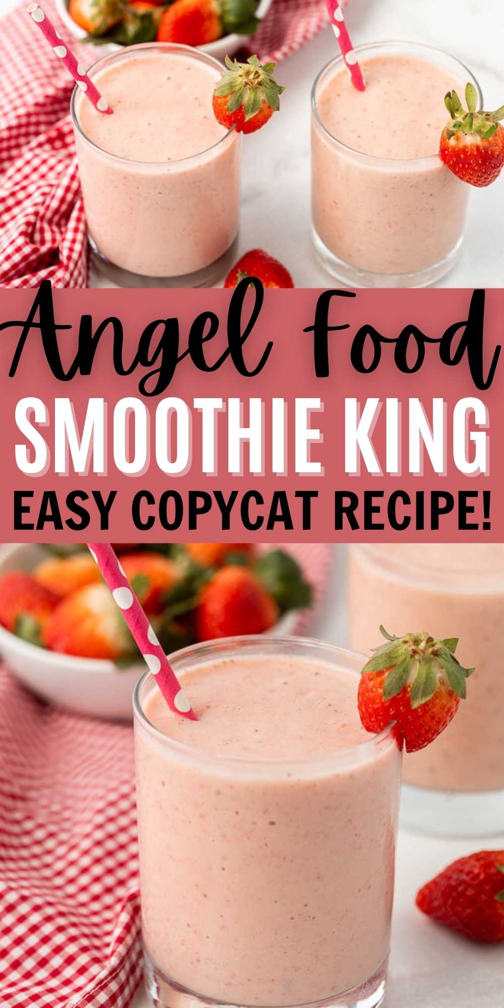 Angel Food Smoothie King Recipe is so easy to make and taste amazing. Make this copycat smoothie at home at a fraction of the cost. This Smoothie King copycat Angel Food recipe is easy to make and SO delicious too.  #eatingonadime #copycatrecipes #smoothierecipes #strawberryrecipes 
